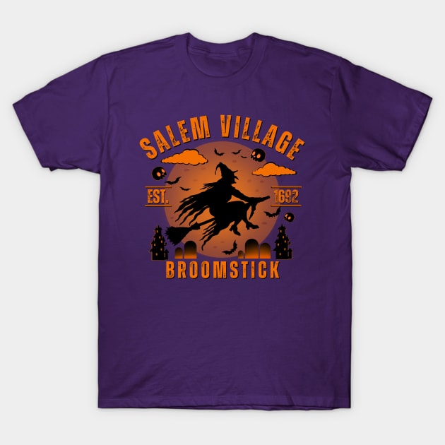 Salem Village Broomstick Vintage Spooky Halloween Design T-Shirt by Andrew Collins